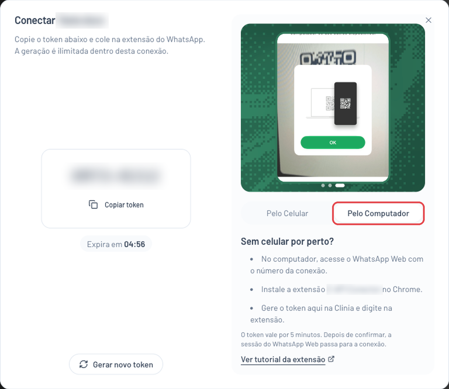 Janela Conectar na aba Pelo Computador, com o token desfocado, o botão Copiar token e as instruções Sem celular por perto