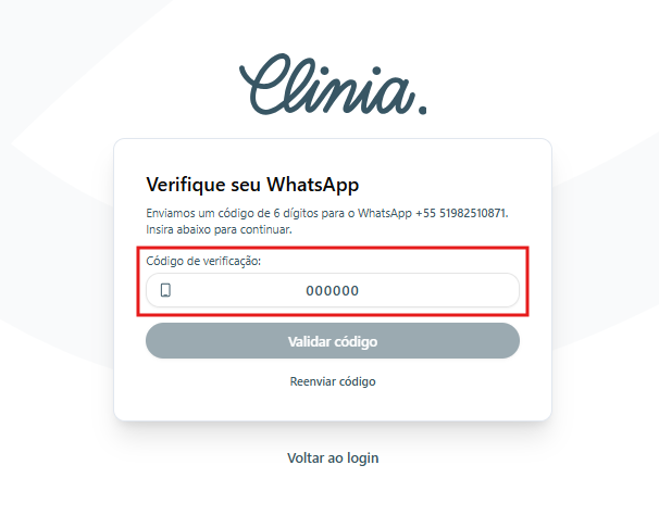 Tela de validação com o campo de código destacado e o botão Validar Código