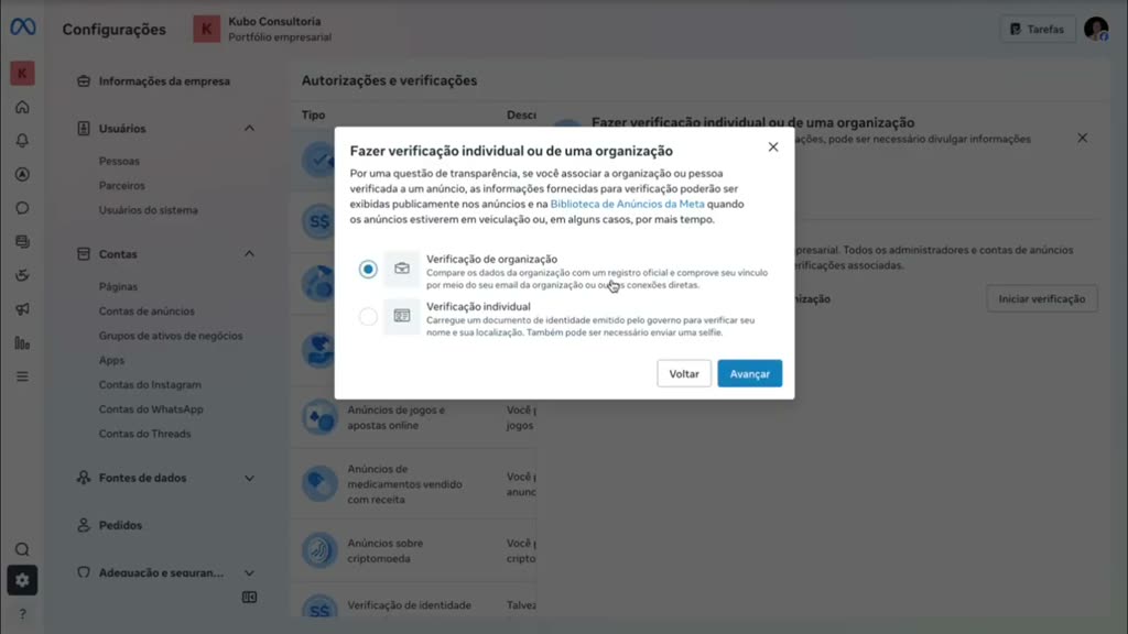 Modal com as opções Verificação de organização e Verificação individual