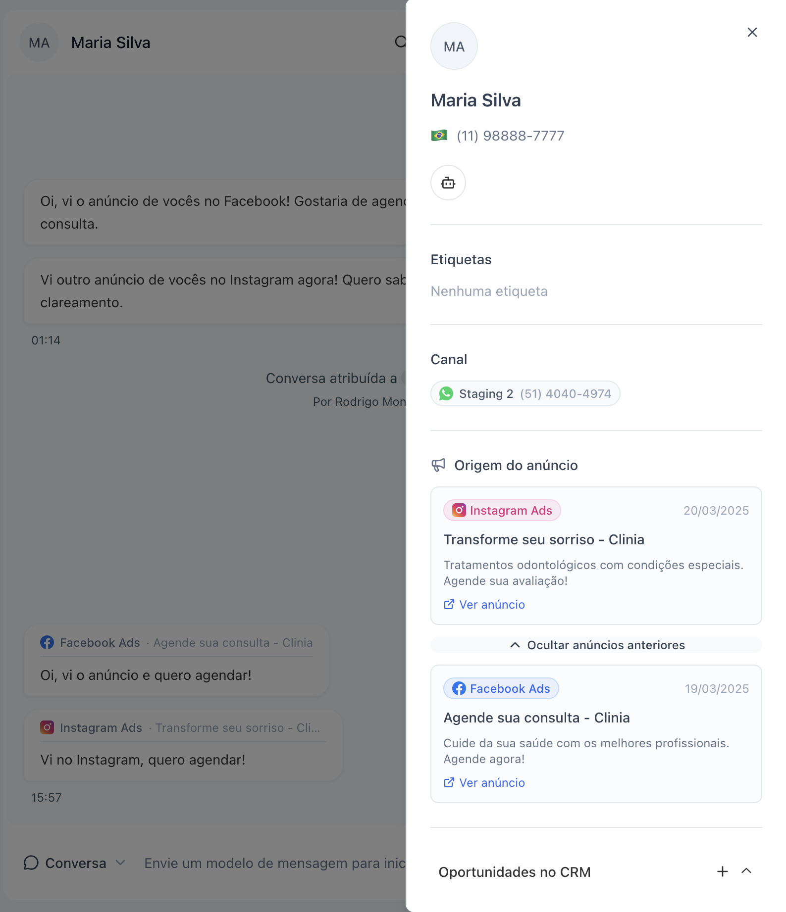 Visualização de todas as origens na aba lateral do contato.