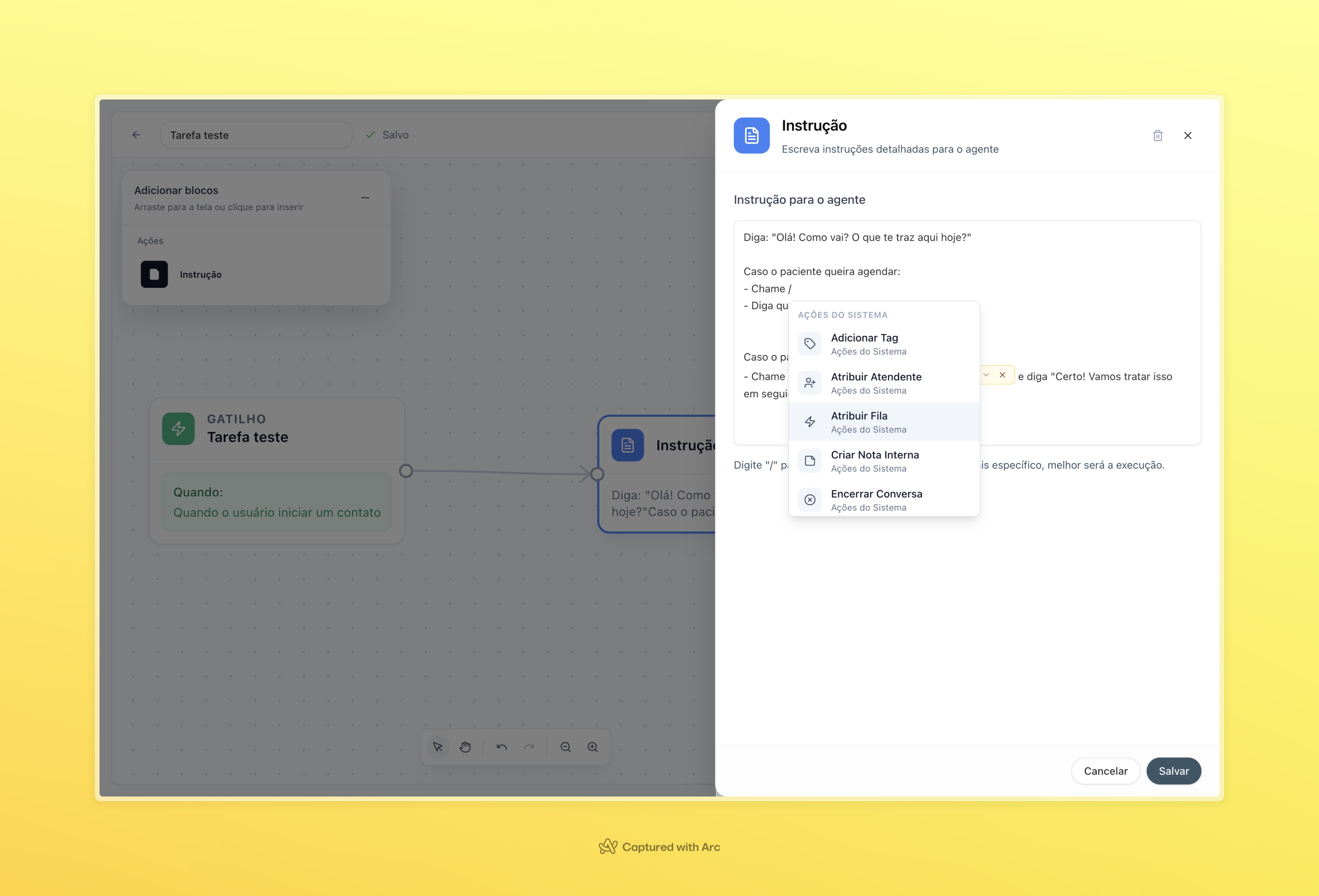 Configuração de ações da IA no editor de instruções do agente.