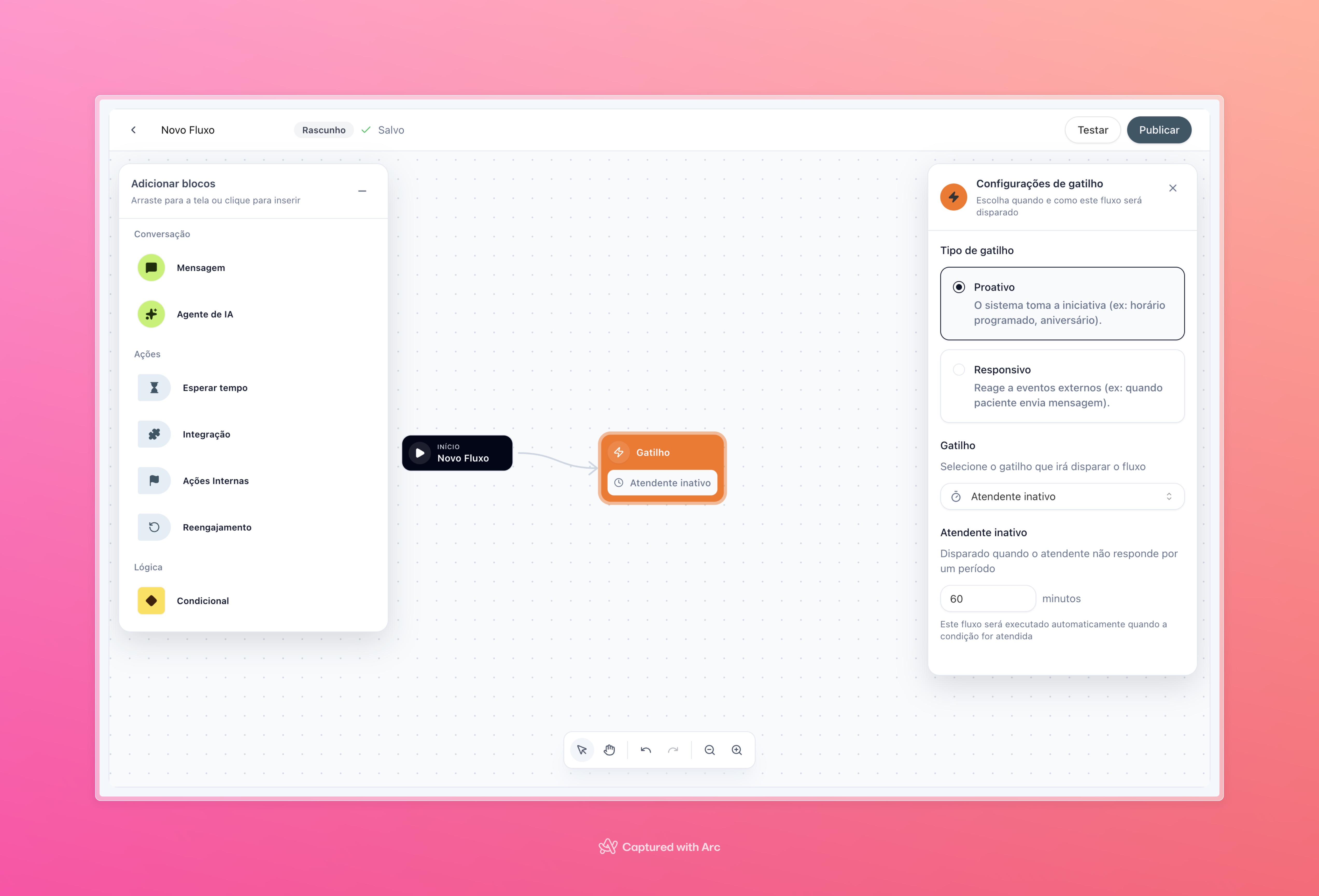 Configuração de um fluxo proativo com gatilho de inatividade do atendente.