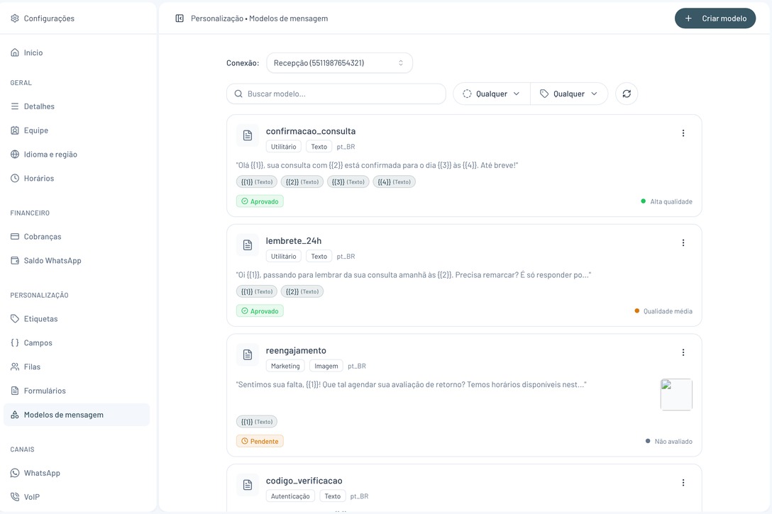 Tela de modelos de mensagem em Configurações