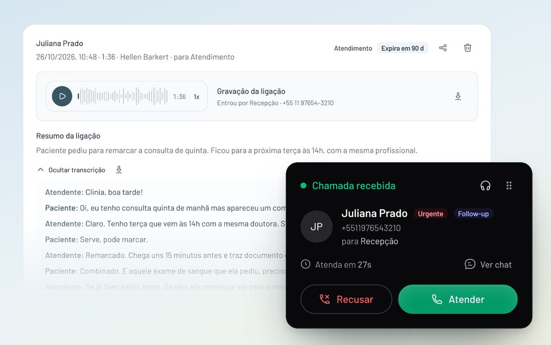 Chamada recebida de Juliana Prado sobre a gravação de uma ligação anterior dela, com o resumo feito pela IA e a transcrição separando atendente e paciente