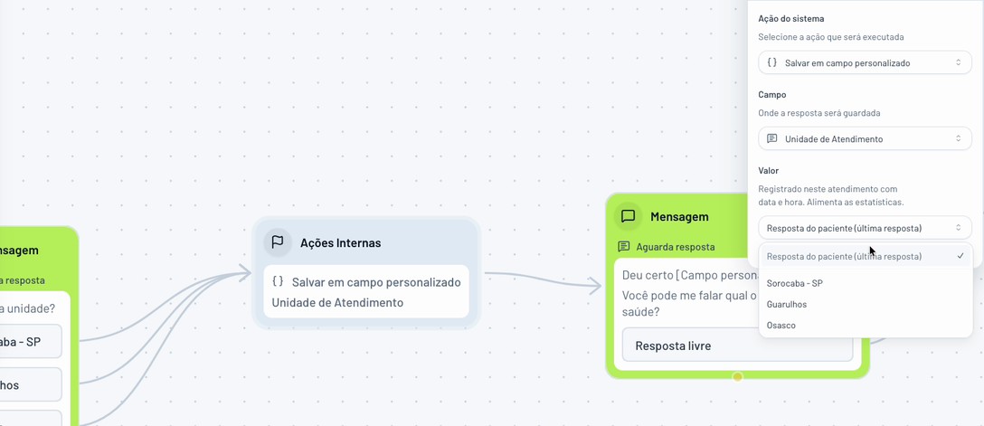Construtor de fluxo com a pergunta Qual a sua unidade, a ação Salvar em campo personalizado ligada ao campo Unidade de Atendimento e a opção Resposta do paciente