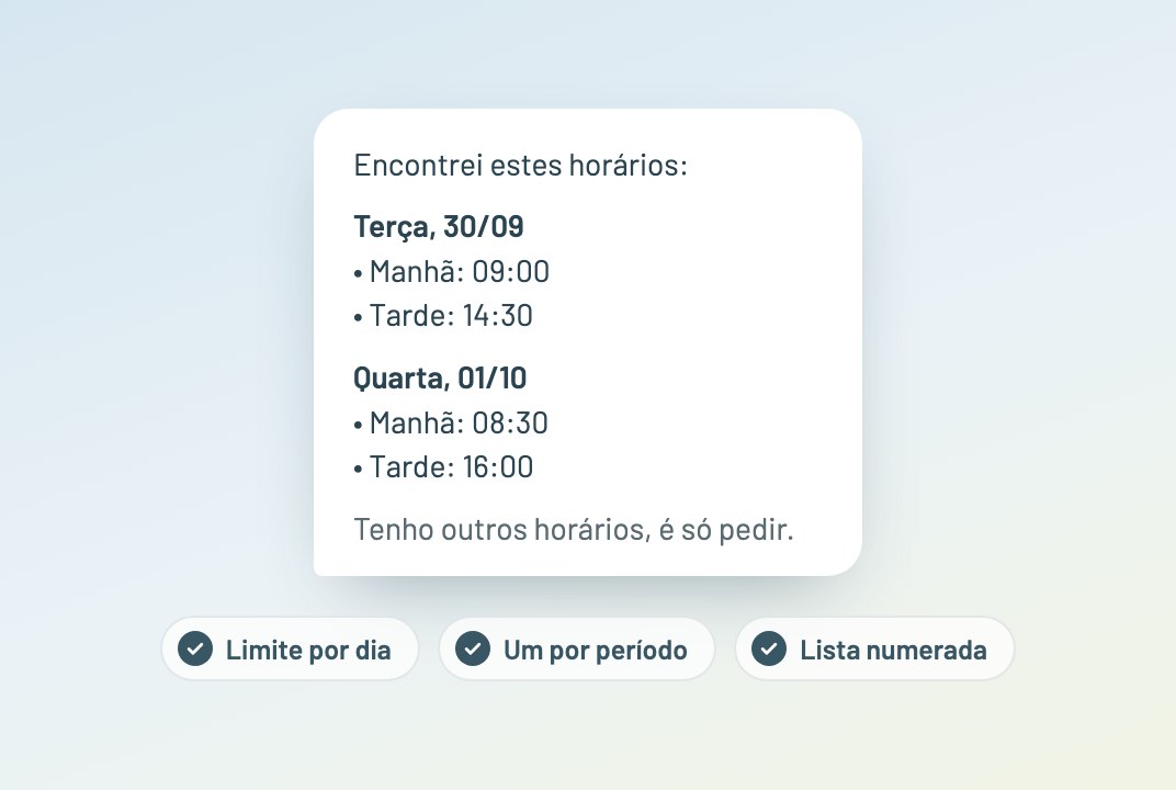 Exemplo de mensagem do agente com um horário de manhã e um de tarde por dia e o aviso de que há outros horários