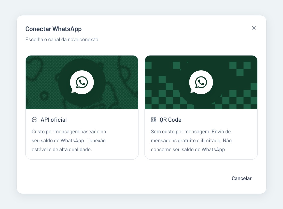 Janela Conectar WhatsApp com a escolha entre API oficial, com custo por mensagem, e QR Code, sem custo por mensagem