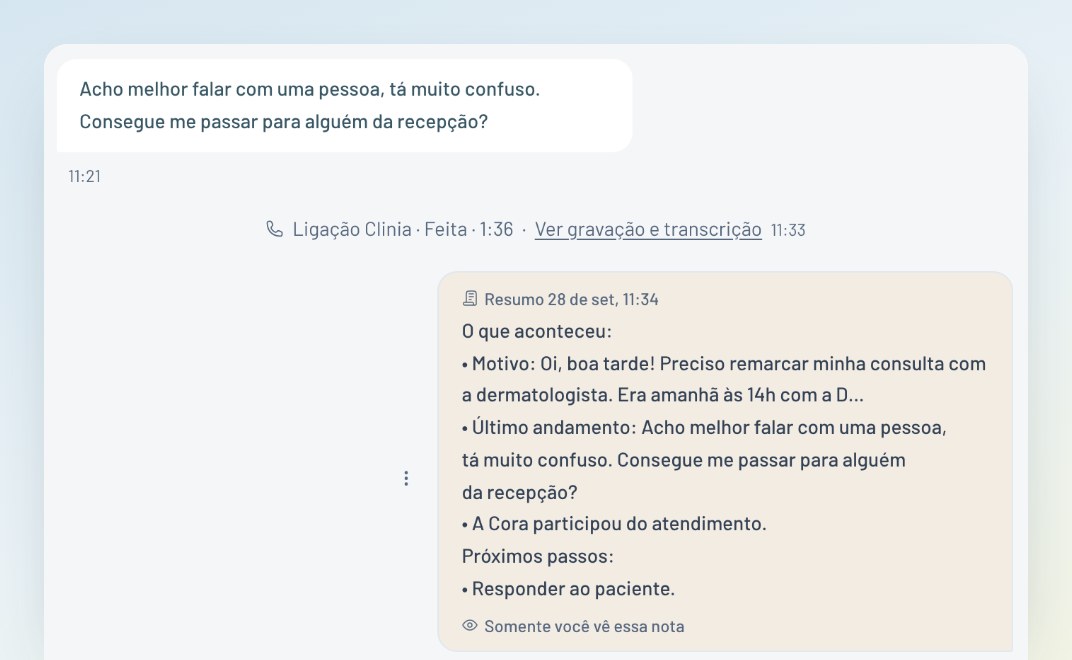 Nota interna de resumo com o que aconteceu, o motivo, o último andamento e os próximos passos