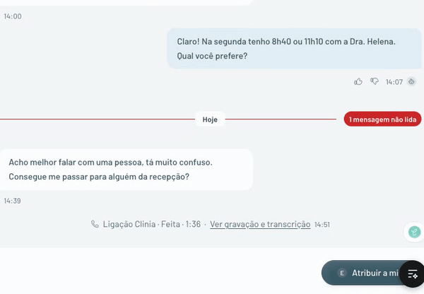 Na conversa em que a paciente pede para falar com a recepção, a Cora sugere Resumir conversa; o modal abre e, ao gerar, o resumo é salvo como nota