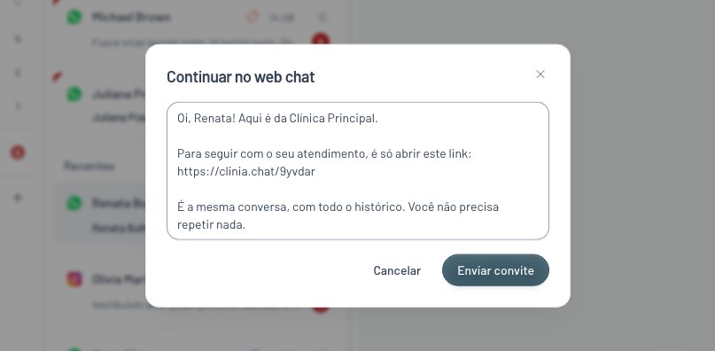 Diálogo Continuar no web chat, com o texto do convite editável e o botão Enviar convite